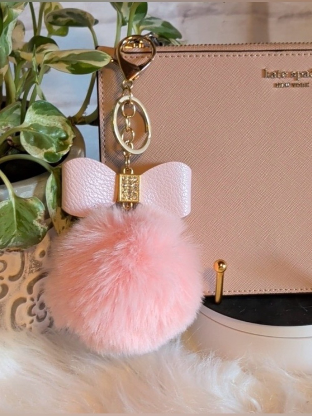 NEW Bag Charm Key Chain Pom Pom w/bling bow You pick color - Picture 1 of 14